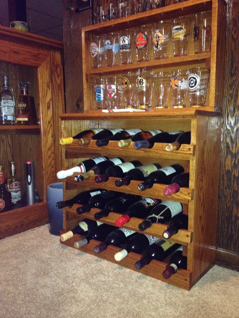 oak home bar - back bar display with wine rack
